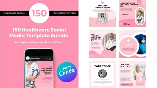 150 Healthcare Canva Templates for Hospitals, Clinics, Doctors & Medical Offices | Editable Social Media Bundle