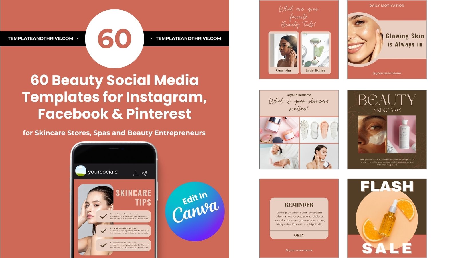 60 Beauty Social Media Templates for Salons, Spas, Estheticians & Makeup Artists (Canva Editable)