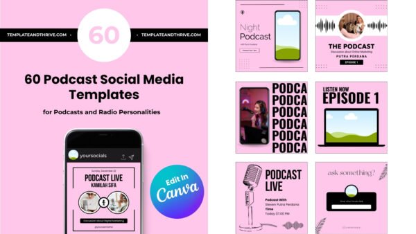 60 Podcast Social Media Canva Templates for Instagram & Facebook (Editable Post Designs)